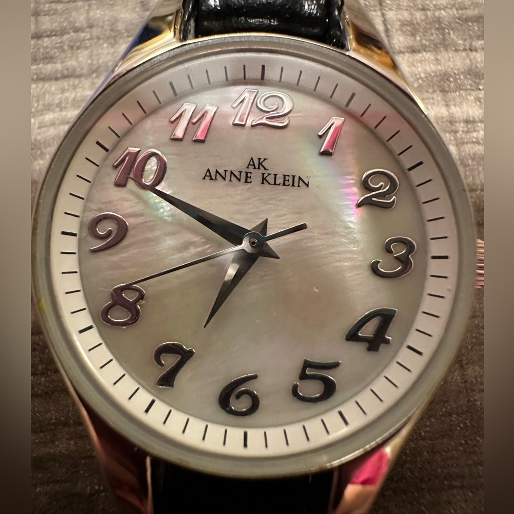 Anne Klein genuine leather black and mother of pearl watch